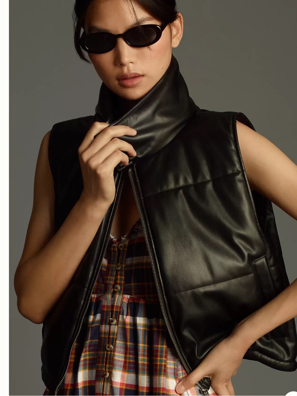 Anthropologie Faux Leather Black Cropped Puffer Vest Zip Front